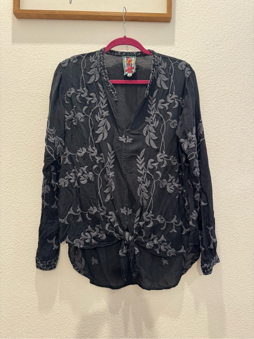 Johnny Was heavily embroidered tie-front blouse w/ intricate floral embroidery